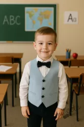 Официален комплект за момче от 4 части-елек в светлосиньосиньо, ризка в бяло, панталон и папийонка 
