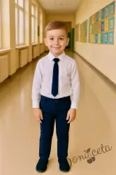 Детски официален комплект от риза в бяло с дълъг ръкав, панталон в тъмносиньо и вратовръзка от колекция Тъмносиняда