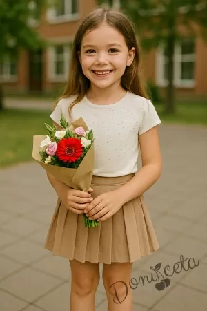 Комплект за момиче от плисирана пола Калина в бежово и блуза в екрю с детайли  855