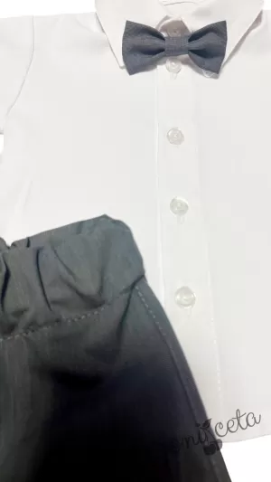 Детски/бебешки официален комплект от риза в бяло и къси панталонки и папийонка в графит 9