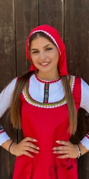 Забрадка кърпа за коса в червено с цветя в червено към народна носия