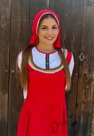 Забрадка кърпа за коса в червено с цветя в червено към народна носия