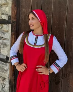 Забрадка кърпа за коса в червено с цветя в червено към народна носия