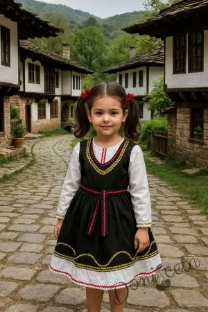 Детска рокля с дълъг ръкав в черно с фолклорни/етно мотиви тип народна носия 456