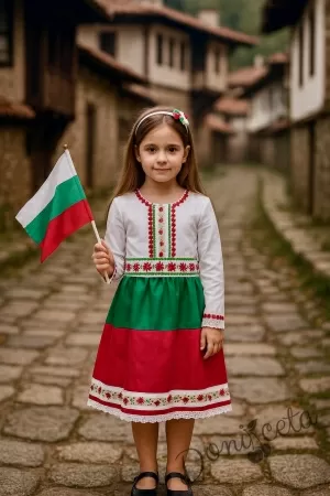 Дамска или детска носия трибагреник в бяло, зелено и червено  с фолклорни етно мотиви 72