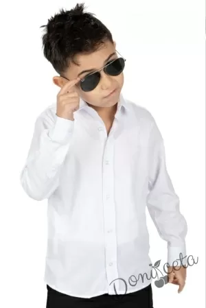 Официална детска гладка риза за момче с дълъг ръкав в бяло 