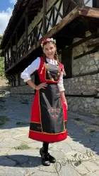 Дамска или детска народна носия за момиче 51- сукман в червено, престилка в черно с фолклорни/етно мотиви с бродирани цветя