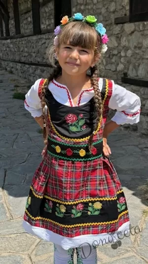 Дамска или детска народна носия за момиче 60 - сукман с каре в червено, колан в черно с фолклорни/етно мотиви и 3/4 ръкав Карена