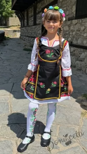 Дамска или детска народна носия за момиче 50- сукман с каре в червено, с престилка в черно с фолклорни/етно мотиви и 3/4 ръкав Карена