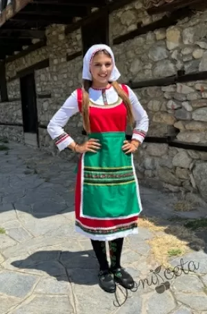 Дамска или детска народна носия 99-сукман в червено и престилка в зелено с фолклорни/етно мотиви със забрадка