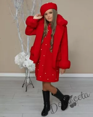 Комплект за момиче от 3 части-палто в червено, рокля и барета Лилана