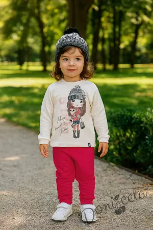 Комплект за момиче от блуза в екрю с момиченце и панталон в циклама