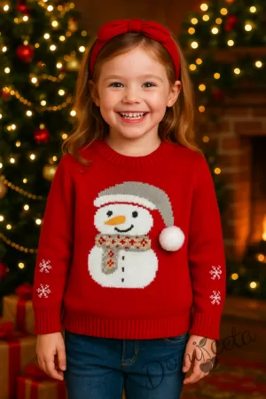 Детски коледен пуловер в червено със снежен човек с  шалче