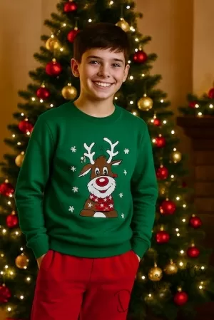 Коледна ватирана блузка Звън с елен в зелено 