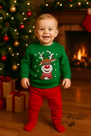 Ватиран коледен детски комплект в зелено и червено с еленче  Звън