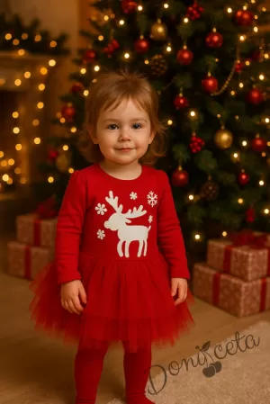 Коледна ватирана рокля с тюл в червено и елен в бяло