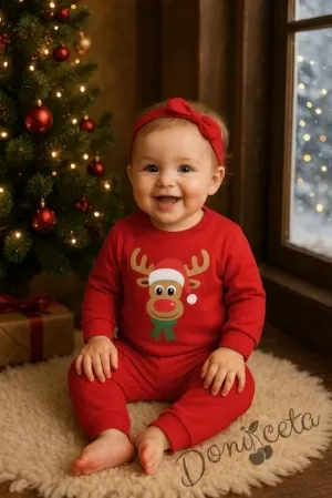 Ватиран бебешки коледен детски комплект в червено с еленче 