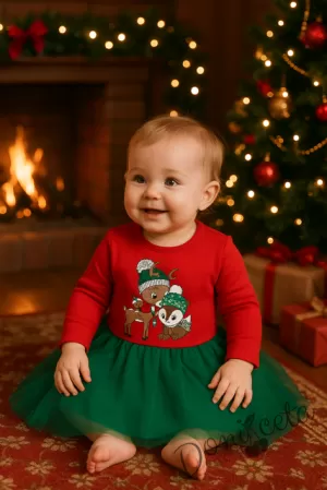 Коледна бебешка рокля в червено с тюл в зелено с елен