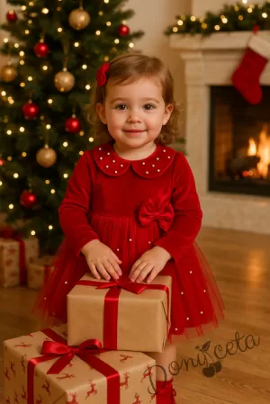 Детска коледна плюшена рокля в червено с дълъг ръкав, тюл и якичка с перли