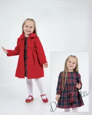 Комплект за момиче от 2 части-палто в червено и карирана рокля с дълъг ръкав