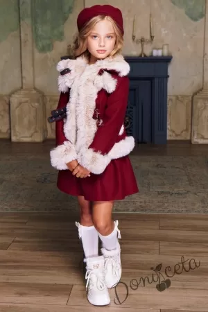 Комплект за момиче от 3 части-палто в бордо, пола и барета Линда