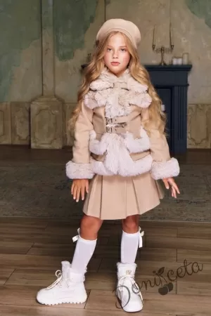 Комплект за момиче от 3 части-палто в бежово, пола и барета Линда