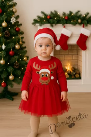 Бебешка коледна ватирана детска рокля с тюл в червено и елен