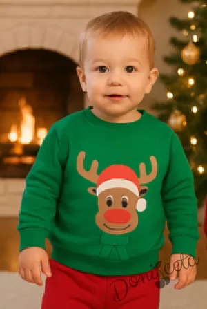 Бебешка коледна ватирана блузка в зелено с еленче