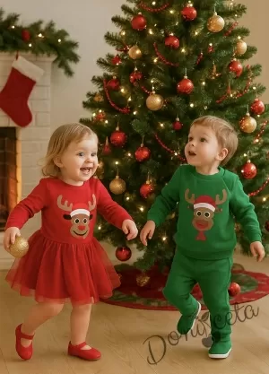 Ватиран бебешки коледен детски комплект в зелено с елен