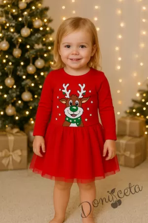 Ватирана бебешка коледна рокля Звън с еленче в червено и тюл