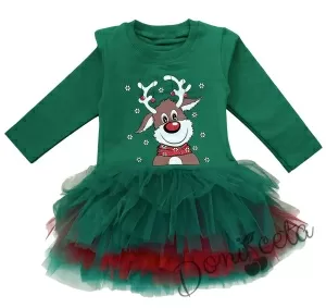 Ватирана бебешка детска коледна рокля в зелено с тюл и еленче Звън