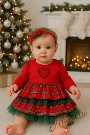 Коледна бебешка рокля с дълъг ръкав в червено с каре и тюл на етажи с лента за глава Карена