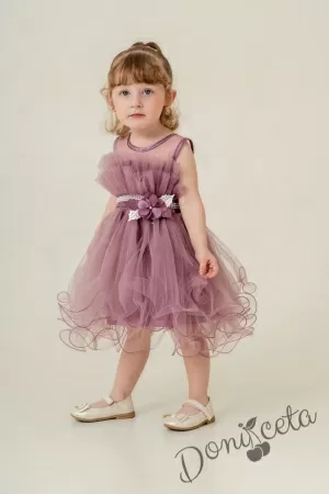 Официална детска къса рокля Хейли в пепел от рози с тюл без ръкав 