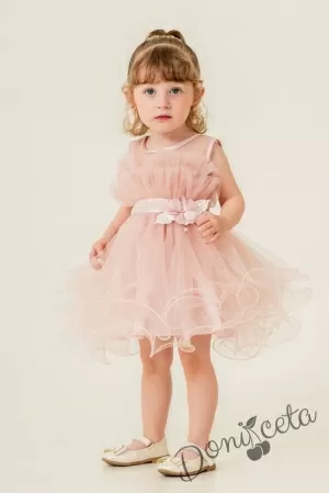 Официална детска къса рокля Хейли в прасковено с тюл без ръкав 