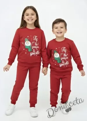 Ватиран коледен детски комплект в червено със Снежко