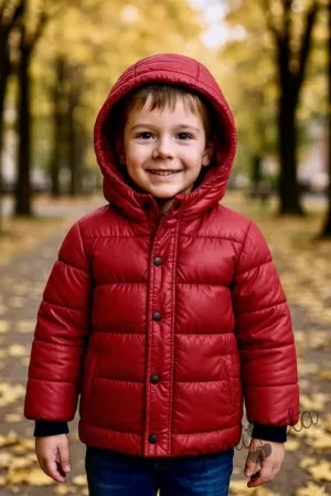 Детско зимно яке с качулка в червено с качулка и джобове