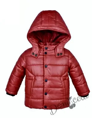 Детско зимно яке с качулка в червено с качулка и джобове