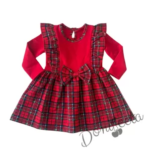 Детска рокля каре в червено с дълъг ръкав и с къдрички от каре Карена