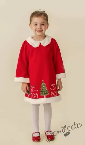 Коледна детска рокля в червено с плюш и коледни мотиви