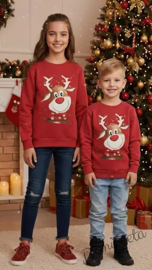 Детска, дамска или мъжка коледна тройно ватирана блуза Звън с еленче с шалче в червено 