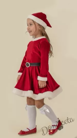 Коледна детска рокля в червено с плюш с коледна шапка и коланче Шели