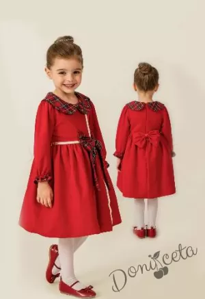 Коледна детска рокля в червено с яка в каре и панделка на гърба Карена