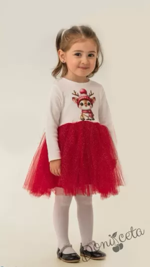 Коледна детска рокля в бяло със сладка картинка на еленче и блестящ тюл в червено