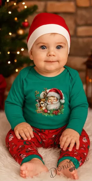  Бебешки коледен комплект от боди с коледна картинка в зелено, панталонки с коледни мотиви и коледна шапка