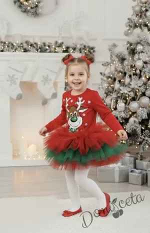 Ватирана коледна детска рокля Звън в червено и зелено с тюл с еленче отпред