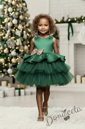 Коледна детска рокля в зелено с тюл и панделка в златисто