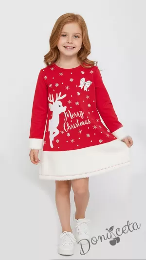 Коледна детска рокля в червено с надпис и коледни мотиви 