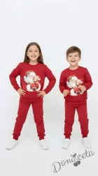 Ватиран детски коледен комплект за момче/момиче от блуза със снежен човек и надпис и панталонки в червено