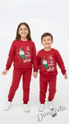Ватиран детски коледен комплект за момче/момиче от блуза в червено със снежен човек и надпис и панталонки в червено
