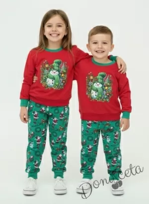 Коледен бебешки/детски комплект от блуза в червено с коледна картинка и панталонки с коледни мотиви